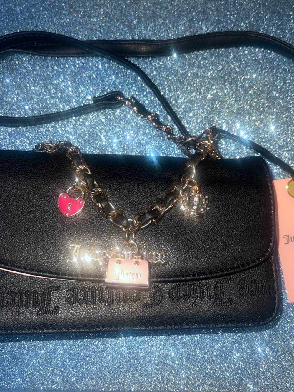 Juicy Couture Black Chain-Charm Crossbody Bag with Pink Accents